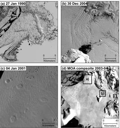Fig. 5. Details from visible imagery: (a) surface melt area with interconnected pools (Landsat TM)
