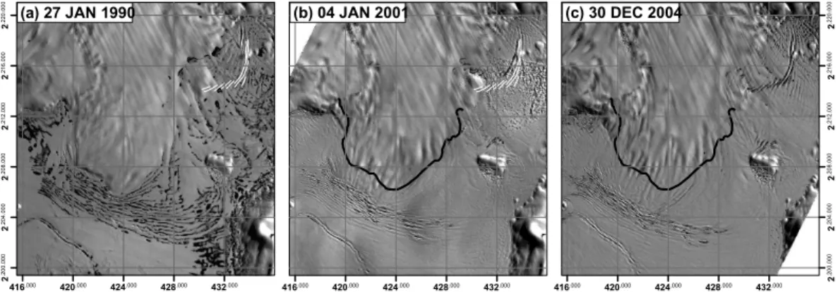 Fig. 8. Advance of Gilbert Glacier into Haydn Inlet. In all images the terminus position is well marked by pressure ridges partially filled by melt water ponds