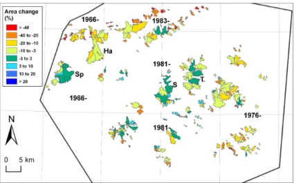 Fig. 5. Colour coded relative area change per glacier from N50 (1966–1983) to 2003. Let- Let-ter codes denote: Sp: Spørteggbreen, Ha: Harbardsbreen, S: Storbreen, T: Tverr ˚abreen, H: