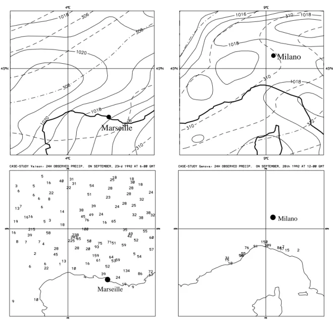 Fig. 1. Left–column panels: mean–sea–level pressure (solid contours) and 700 hPa geopotential height