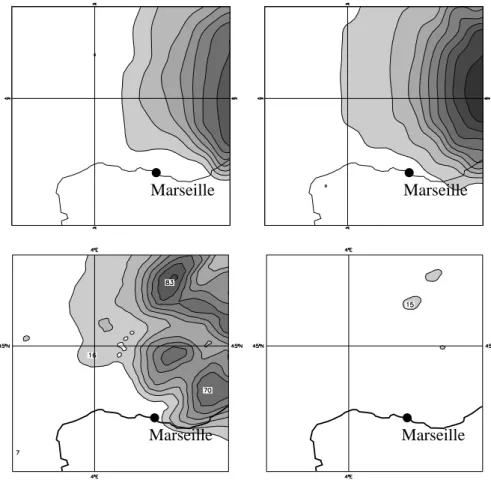 Fig. 2. Vaison flood. 4–day predictions: 51–member and 5–member TEPS probability maps for rainfall
