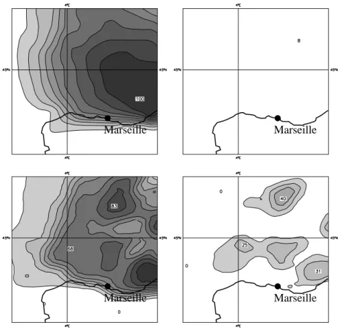 Fig. 3. Vaison flood. 3–day predictions: TEPS (top row) and LEPS (bottom row) rainfall probability maps