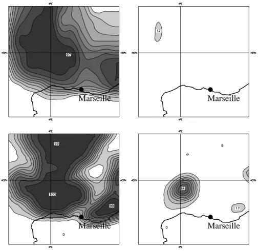 Fig. 4. Vaison flood. 2–day predictions: the same as Fig. 3, but for rainfall cumulated between t+ 18h and t+ 42h.