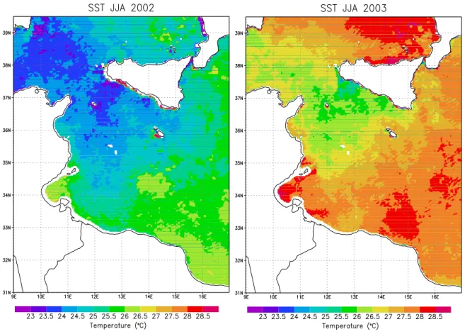 Fig. 14. Remotely-sensed Sea Surface Temperature averaged for JJA 2002 (left) and 2003 (right).