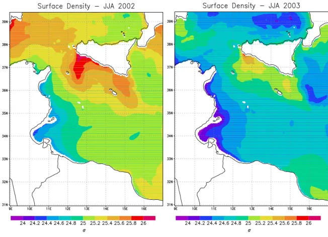 Fig. 15. Simulated sea surface density averaged for JJA 2002 (left) and 2003 year (right)
