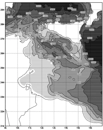 Fig. 1. SCRM domain and bathymetry obtained from U.S. Navy DBDB1 by bilinear interpolation into the regional model grid.