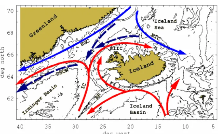 Fig. 1. Bathymetry around Iceland in depth intervals of 200, 500, 1000, 2000 and 3000 m