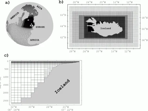 Fig. 4. The adapted model grid: (a) whole model domain including the North Atlantic, the Nordic Seas and the Arctic Ocean, (b) high resolution grid around Iceland, (c) section west of Iceland.