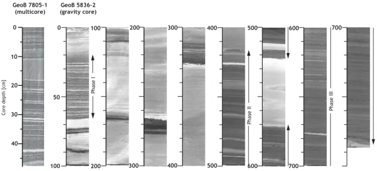 Fig. 2. General lithology of multicore GeoB 7805-1 (core photograph; 48 cm long) and gravity core GeoB 5836-2 (videologger data; 790 cm long) showing the distribution of laminated and non-laminated sediments