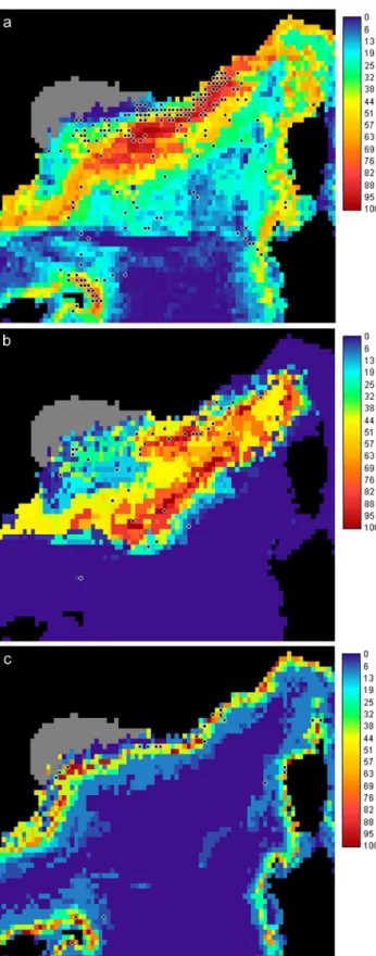 Fig. 4. Distribution of cells of the study area and of observations of the sperm whale, the pilot whale and Risso’s dolphin along the first discriminant factor.