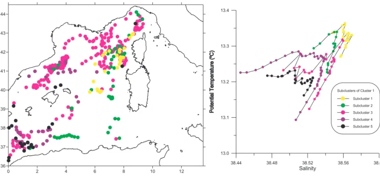 Fig. 6. Left: Positions of Cluster 1 floats, colour marked according to the sub-cluster they belong to.