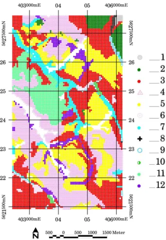 Fig. 4. Distribution of soil types within the study area (based on soil maps BK 5247 and BK 5248 provided by the Saxonian State Office of Environment and Geology): Soil classification based on  ”Bo-denkundliche Kartieranleitung KA4”: 1: BB-PP; 2: PPn; 3: B