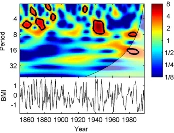 Fig. 1. The standardized time series of winter (DJF) AO (bottom) and its continuous wavelet power spectrum (top)