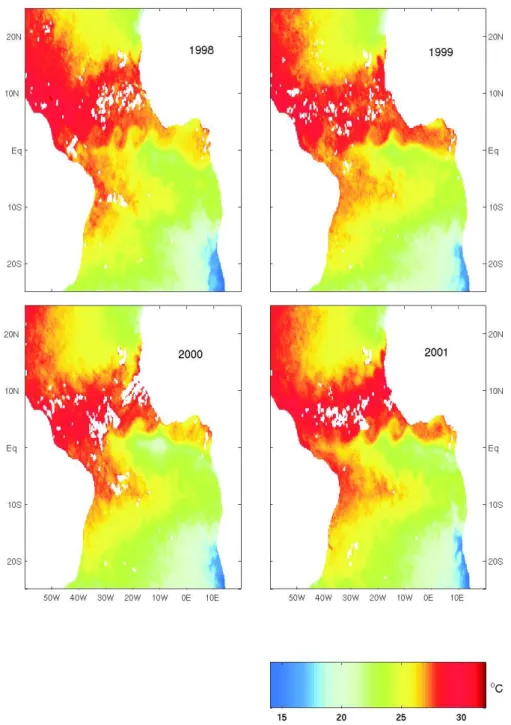 Fig. 2. Series of 3-day mean TMI SST composites showing examples of TIWs for the years 1998, 1999, 2000 and 2001.