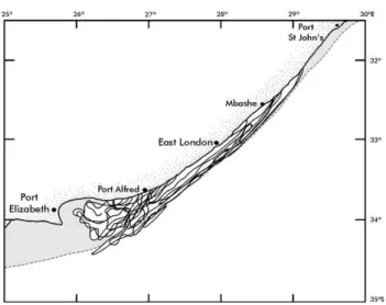 Fig. 5. Outlines of cold, upwelled water inshore of the Agulhas Current at Port Alfred (after Lutjeharms et al., 2000b)