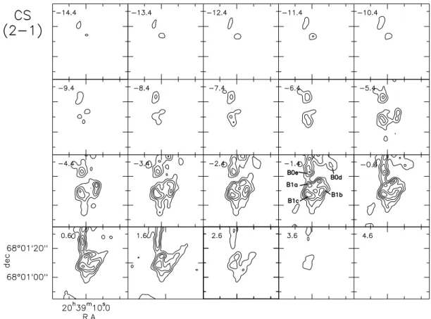 Figure 5. Channel map of the B1 clump of the L1157 outflow in the CS (2–1) line at 97.98 GHz