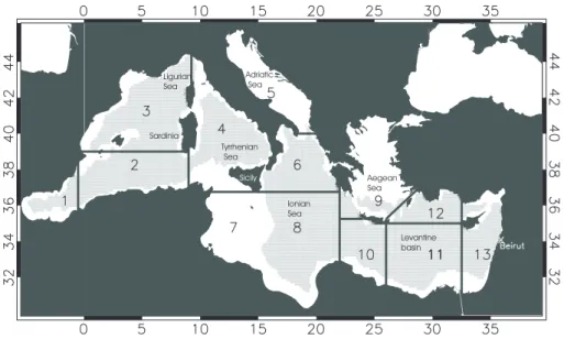 Fig. 2. Numerical profilers are uniformly released at surface in the grey light area. Numbers indicate the different regions discussed in the text.