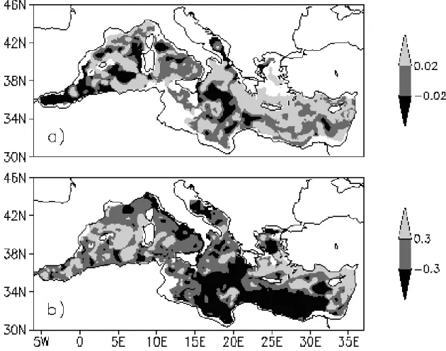 Fig. 10. Differences between the initial conditions of the assimilation and the control runs: (a) summer salinity (psu) at 320 m; (b) winter temperature ( ◦ C) at 70 m.