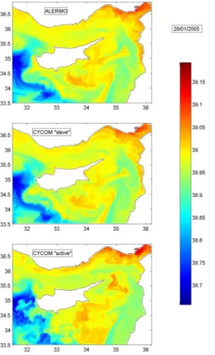 Fig. 10. Sea surface salinity during the last day of the January 2005 experiment from the ALERMO (upper panel), “slave” mode CYCOM experiment (middle panel) and “active” mode CYCOM experiment (lower panel).