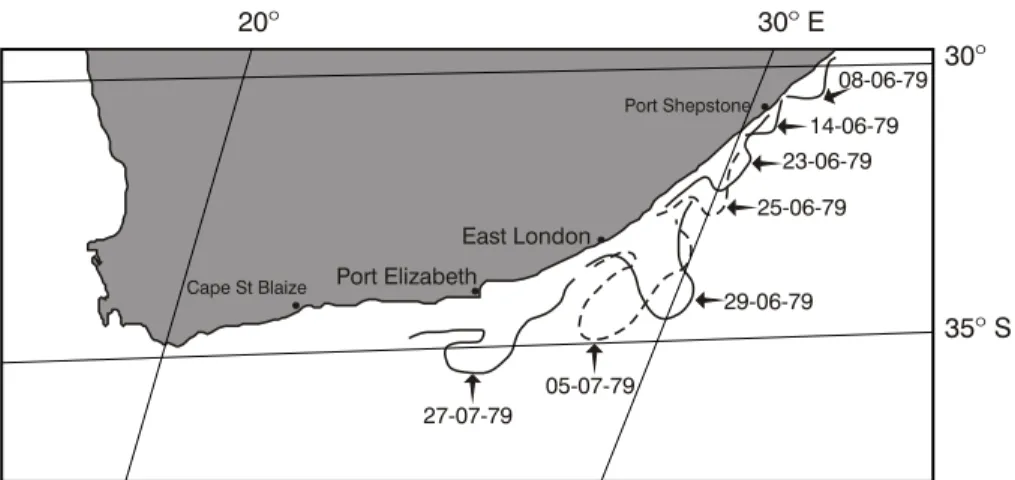 Fig. 6. Sequential outlines of the landward border of the Agulhas Current for the dates shown.