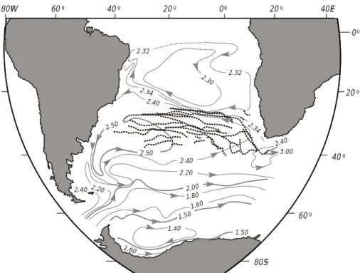 Fig. 10. The inferred movement of Agulhas rings across the South Atlantic Ocean (according to Byrne et al., 1995), shown as black dots