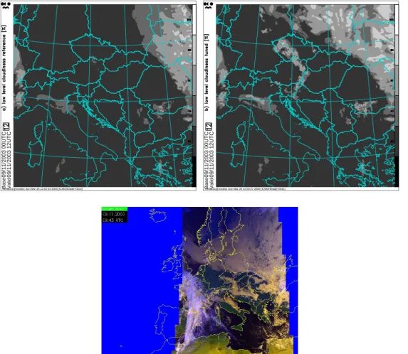 Fig. 4. ALADIN 12 h forecast of low level cloudiness, valid at 12:00 UTC on 9 November 2003: (a) reference experiment; (b) experiment with the updated cloudiness scheme