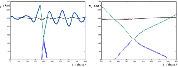 Fig. 1. Convergence to the hyperbolic trajectory on the western boundary. The right hand panel shows a blow-up of the region of bifurcation of the instantaneous stagnation points (blue)