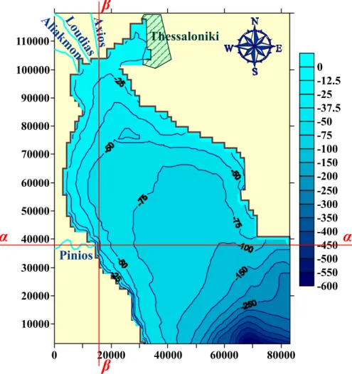 Fig. 3. Bathymetry of the computational domain with location of cross-sections α−α and β−β.
