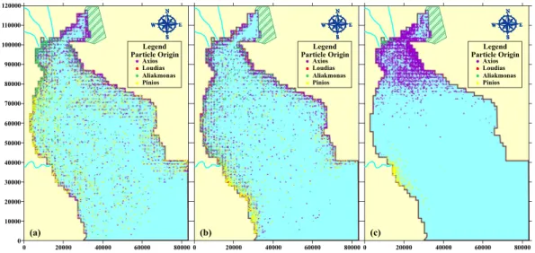 Fig. 9. Spatial variation of deposited sediments in the domain at the end of TOYS (a), S1A2 (b) and J03 (c) simulations.