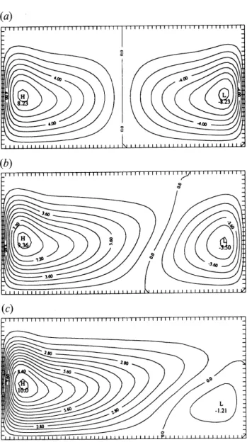 Fig. 3. Stream-function fields for a 2-D, meridional plane THC model with so-called mixed boundary conditions: the temperature profile and salinity flux are imposed at one horizontal boundary of the rectangular box, while the other three boundaries are  im