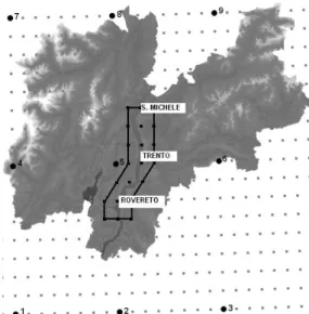 Fig. 2. The ECMWF (large spots, numbered) and LAMI (small spots) grids over the province of Trento