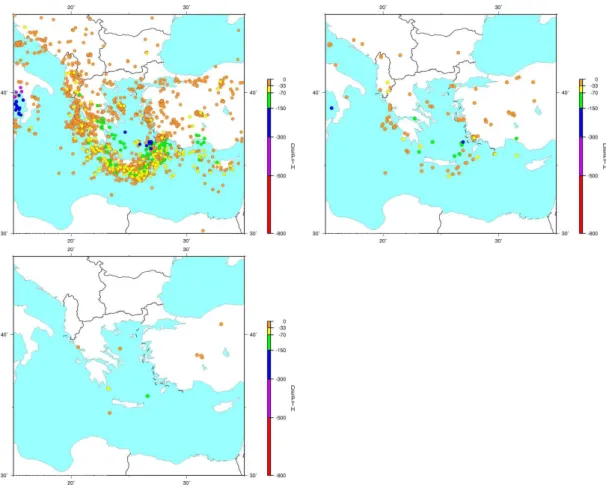 Fig. 9. Actual seismicity after 2000 (from left to right, and top to bottom, m=4, m=5, and m=6
