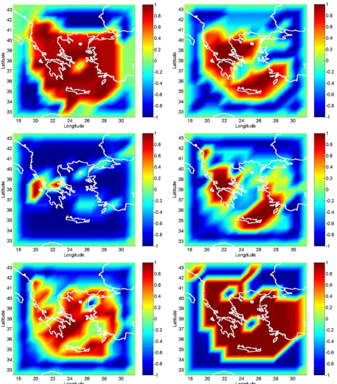 Fig. 6. Probabilistic Activation Maps for the next intervals of time for Greece (a: with q=1/3, the maps for m=4 (16 years), m=5 (16 years), and m=6 (33 years) are very similar, so we show the last one; b: q=1/3, m=7 for 49 years; c: q=1/2, m=7 for 49 year