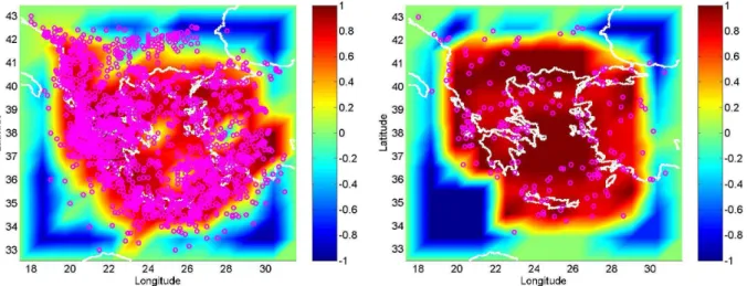Fig. 7. Probabilistic Activation Maps for the next intervals of time for Greece with q=1/3 using data up to the beginning of the last interval of time found by the method (from left to right, m=5, by using 5 intervals, and m=6 with 2 intervals only)