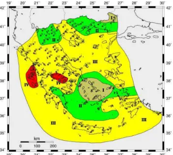 Fig. 8. Map with the seismic hazard zones of Greece (Geophys.