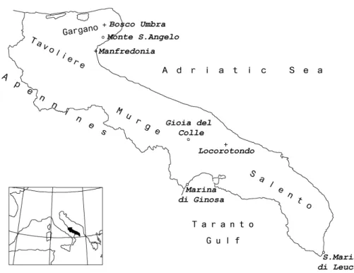 Fig. 1. Map of Puglia. The selected meteorological stations are marked: circles indicate SYNOP stations, crosses indicate SIMN stations.