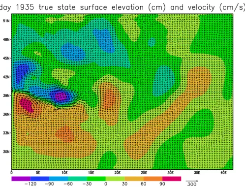 Fig. 4. True state at day 1935. SSH field (colour shading) and layer 1 velocity (arrows).