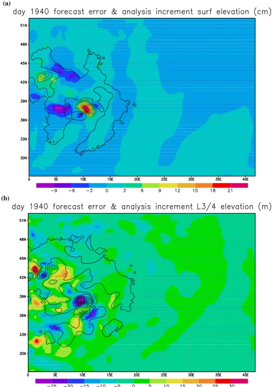 Fig. 7. Day 1940. Forecast error (colour shading) and AUS analysis increment (contour lines): (a) sea surface elevation