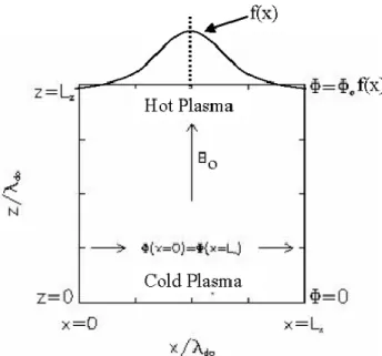 Fig. 1. Geometry of the simulation: the simulated size of the plasma is L x ×L z and the ambient magnetic field is along the z-direction.