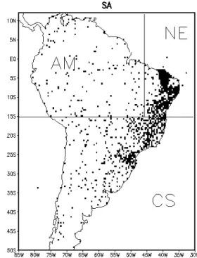 Fig. 12. Domains where the Equitable Threat and Bias Scores were calculated: SA, for South America, AM, for Amazon region, NE, for Northeast region, and CS, for Center-South region