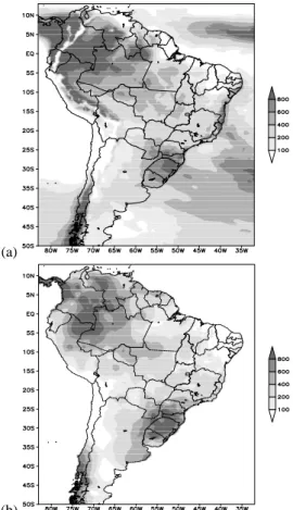 Fig. 2. MJJA season total precipitation (mm): (a) Eta Model fore- fore-cast, (b) Observation.