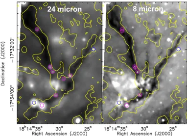Fig. B.1. Left: Spitzer 24 µm image of SDC13 (greyscale) on which we over-plotted the MAMBO 3 mJy/beam contour (yellow)