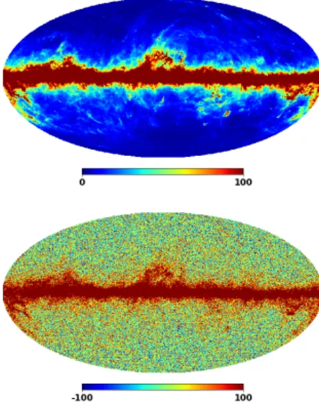 Fig. 7. Thermal dust simulation map (at 100 GHZ) without (top panel) and with the additive white Gaussian noise added (bottom panel), for evaluation of the methods