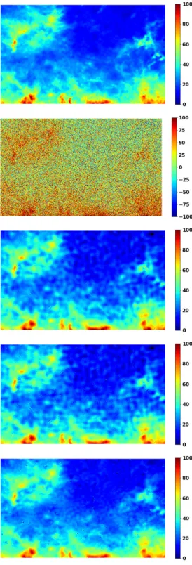 Fig. 12. Denoised thermal dust maps for all three approaches. Top and middle panels: α-shearlet denoising with rotation-based (top) or  patch-work (middle) approach, both for α = 0.6