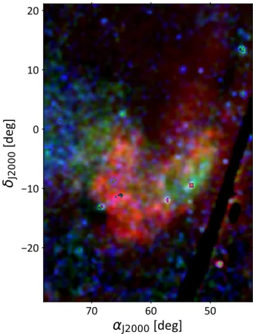 Fig. 8. Composite image of the ROSAT intensities obtained at 0.25 keV (red), 0.75 keV (green), and 1.5 keV (blue) after subtraction of the Local Bubble foreground emission and of the halo background  emis-sion (according to Eq