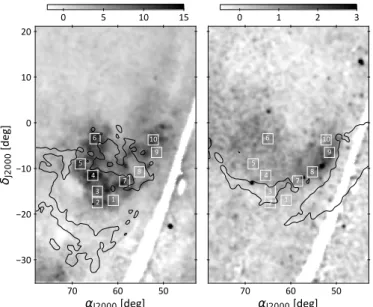 Fig. 9. Locations of the regions chosen for X-ray spectral modelling compared with the directions of the west rim, east shell, and south loop cloud complexes (same contours as in Fig