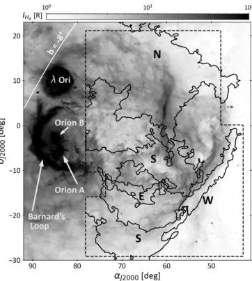 Fig. 1. H α intensity map of the Orion-Eridanus superbubble based on VTSS, SHASSA, and WHAM data