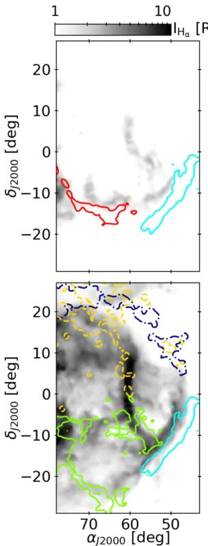 Fig. 6. H α line intensity maps for two velocity ranges, [−60, −11]
