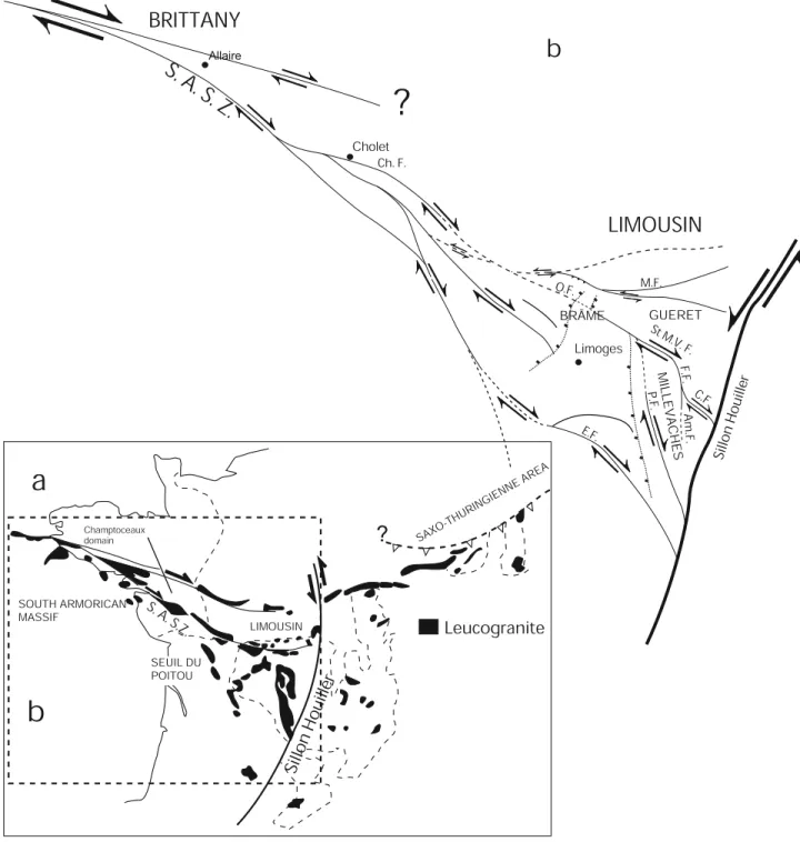 Figure 7. (a) Map of leucogranites in France according to Autran and Lameyre [1980]. (b) Map of relationships between South Armorican shear zones and Limousin shear zones showing half of a possible pop-up structure, S.A.S.Z., South Armorican Shear Zone; Ch
