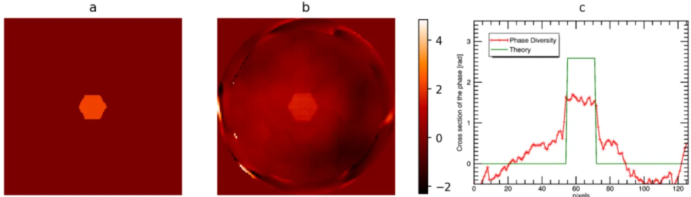 Fig. 9. Comparison between expected phase and estimated phase when the Iris-AO is flat except for the central segment on which a 225 nm piston is applied, in presence of the Lyot coronagraph: (a) theoretical phase map computed from the command sent to the 